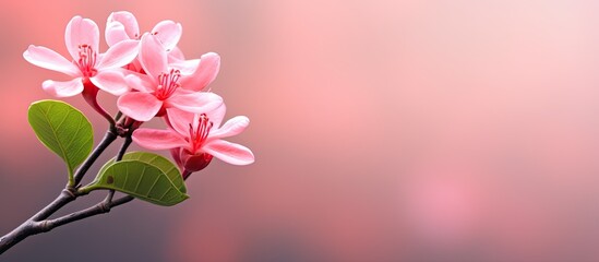Natural pink Asoka flower or Saraca Asoca in the smooth focus orientation. Creative banner. Copyspace image