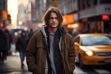 Fototapeta premium A young man wearing a brown coat and glasses stands on a city street