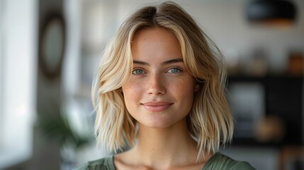 portrait of young businesswoman smiling close up of confident female professional is having short blond hair she is wearing green top against white background .hight relustion