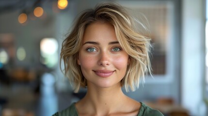 Fototapeta premium portrait of young businesswoman smiling close up of confident female professional is having short blond hair she is wearing green top against white background.illustration