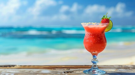 Frozen Strawberry Margarita With Lime On Beachside Table Overlooking Turquoise Ocean And Bright Sunny Sky