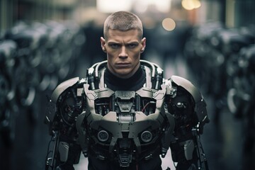 Fototapeta premium A man in a robot suit stands in front of a row of robots