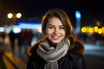 Fototapeta premium A woman is smiling and wearing a scarf and a black jacket