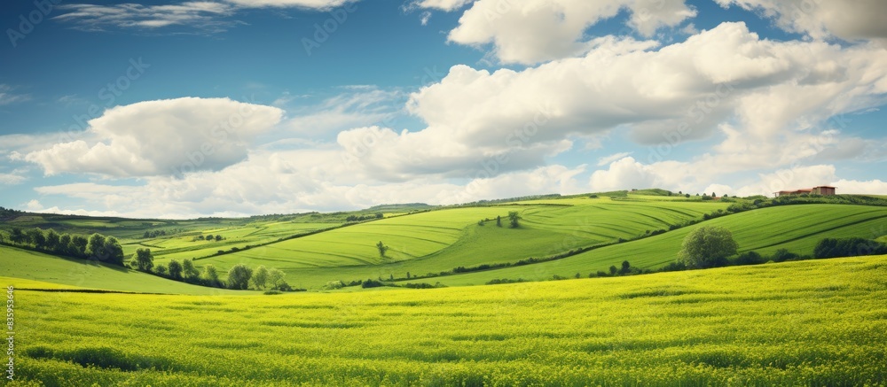 Poster green fields in the countryside. creative banner. copyspace image