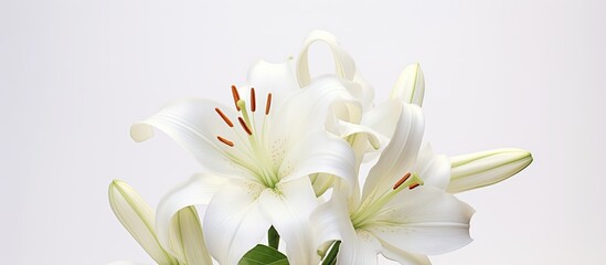 White lily flower head closeup isolated on white background. Creative banner. Copyspace image