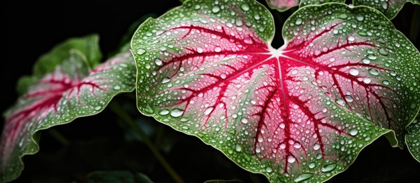 Blurry abstract green caladium bicolor leaf with white and pink dot full close up. Creative banner. Copyspace image