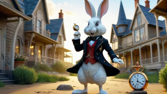 White crazy rabbit with a pocket watch from the fairy tale Alice in Wonderland