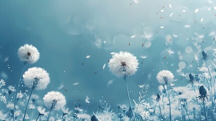 Obraz premium A serene blue background with dandelions, their seeds floating away in the wind, symbolizing freedom and hope.