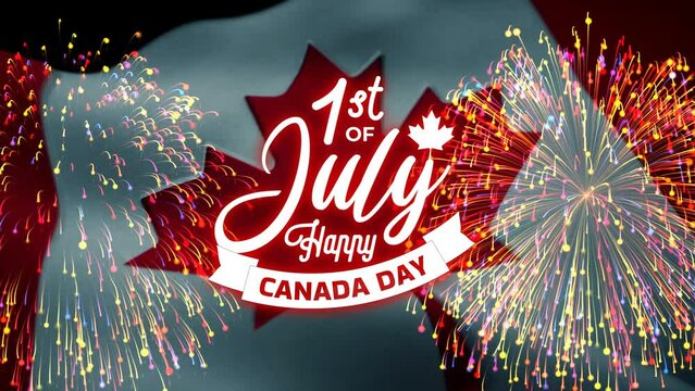 Happy Canada Day Animation with canada flag background and fireworks. happy Canada Day Text Animation for You