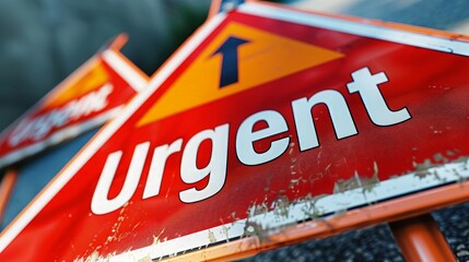 A close-up view of multiple red "Urgent" traffic signs with arrows, emphasizing the importance of urgency and direction.