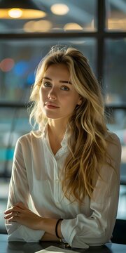 portrait of a beautiful blonde woman in a white blouse