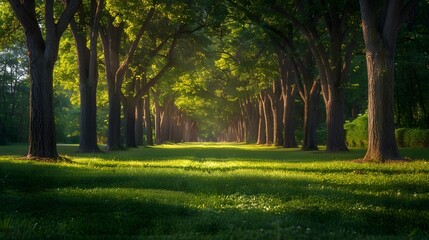 Fototapeta premium A serene park with rows of tall trees and lush green grass, leading to an empty path under the dappled sunlight.