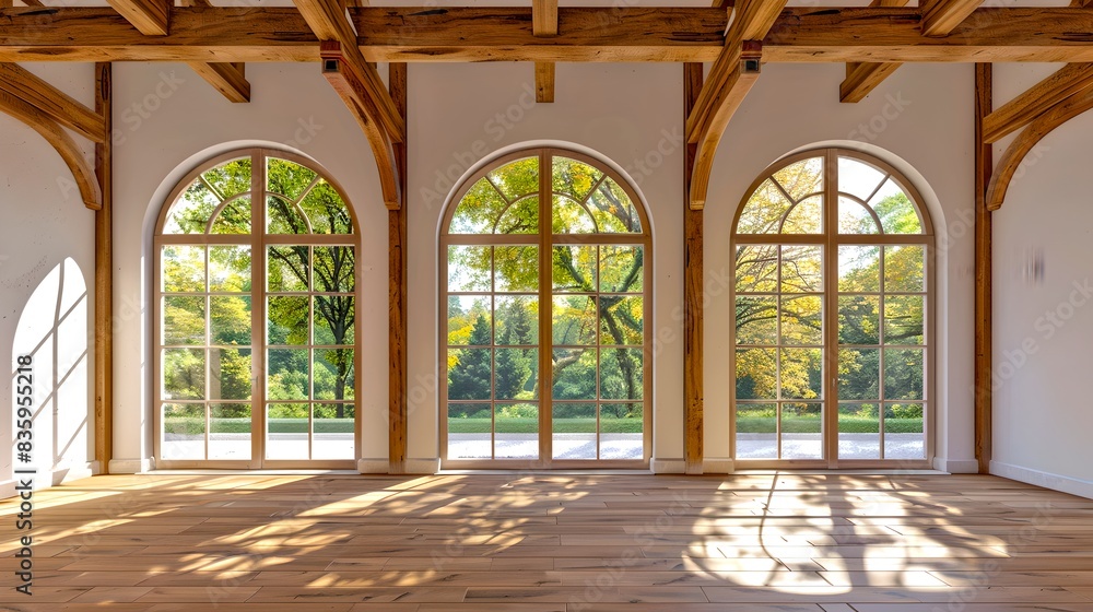 Poster beautiful empty room with large arched windows in a rustic style. bright natural light fills the spa