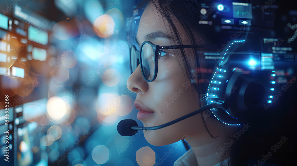 Poster customer service representative with chat overlay: profile symbolizing support and communication for