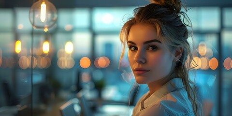 Fototapeta premium Portrait of a young woman in a white shirt looking at the camera with a serious expression