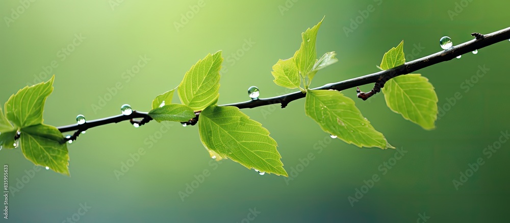Aufkleber Young leaves on a tree branch with wet drops in the spring. Creative banner. Copyspace image