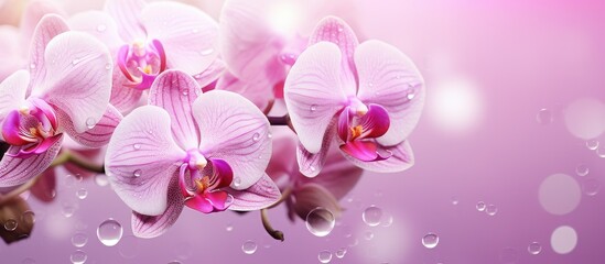 Pink orchids after rain in the morning. Creative banner. Copyspace image