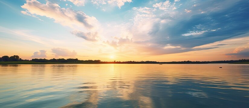 yellow sunset where the river flows into the sea there are low blue clouds in the sky. Creative banner. Copyspace image