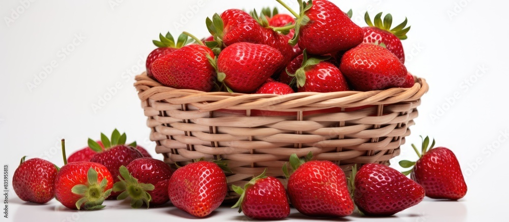 Poster fresh red ripe strawberries isolated in basket on white. creative banner. copyspace image