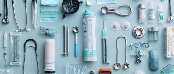 A collection of medical tools and equipment displayed on a light background