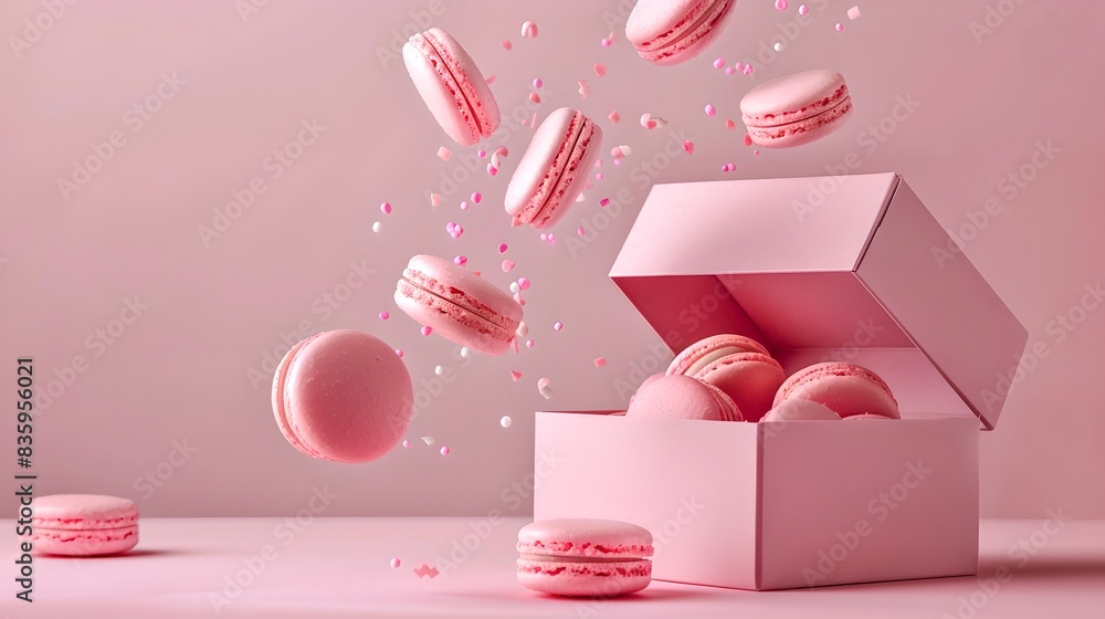 Sticker A light and airy display of floating pink macarons falling into an open pink box. Delicate and elegant food styling for sweet treats. Perfect for dessert lovers. AI