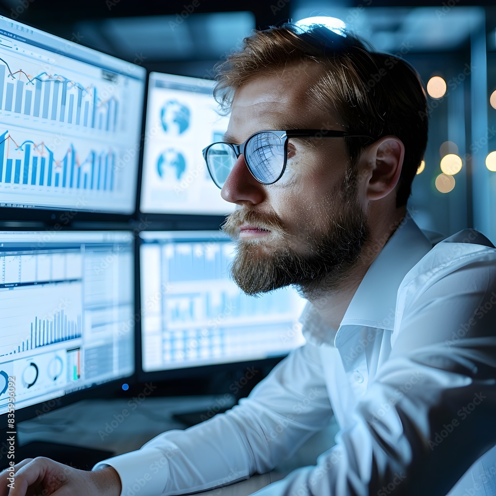 Poster e commerce analytics expert monitoring data trends on multiple screens in office