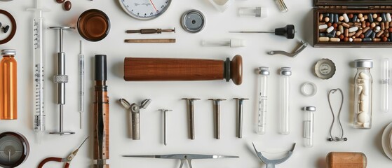 A collection of medical tools and equipment displayed on a light background