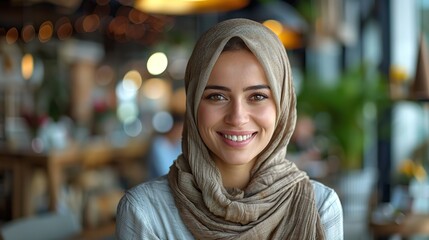 happy muslim businesswoman in hijab at office workplace smiling arabic woman working on laptop. stock image