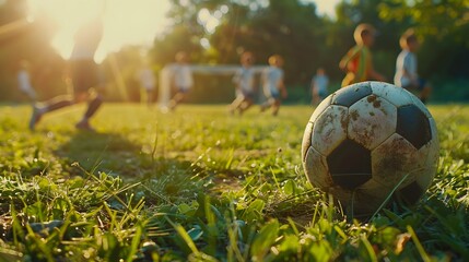 A soccer ball on the grass with young players in uniforms playing nearby, captured from behind. focusing attention on the football and players.