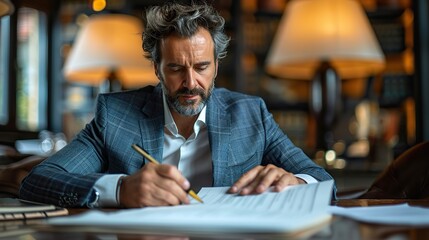 Fototapeta premium happy mid aged professional business man executive ceo or lawyer wearing suit sitting at desk signing legal contract document putting written signature authorizing corporate deal .stock illustration