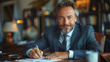 Fototapeta premium happy mid aged professional business man executive ceo or lawyer wearing suit sitting at desk signing legal contract document putting written signature authorizing corporate .stock photo