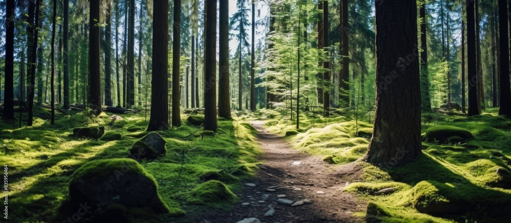 Poster hiking trail and hiking markers on the trees in the forest. creative banner. copyspace image