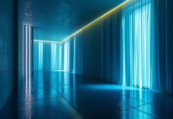 Fototapeta premium Elegant stage with blue velvet curtains and neon lights.