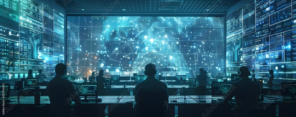 Poster it security experts monitoring digital network traffic on multiple screens in control center