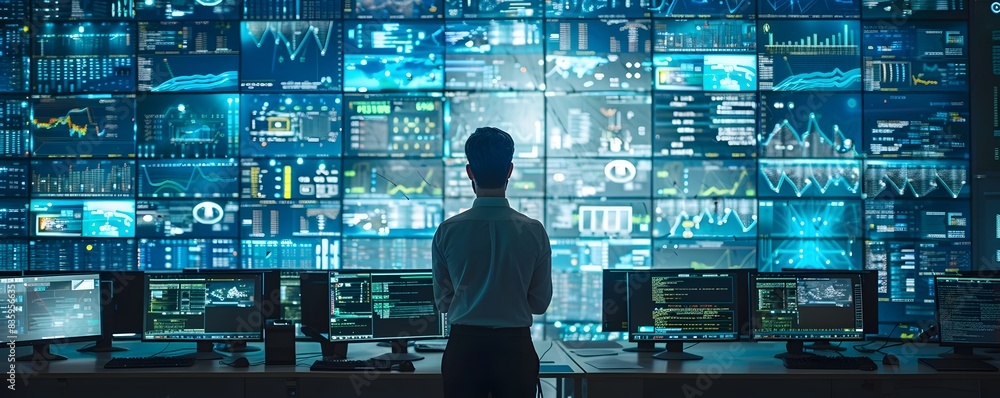 Poster it security experts monitoring network traffic on multiple large screens in a control center for tec