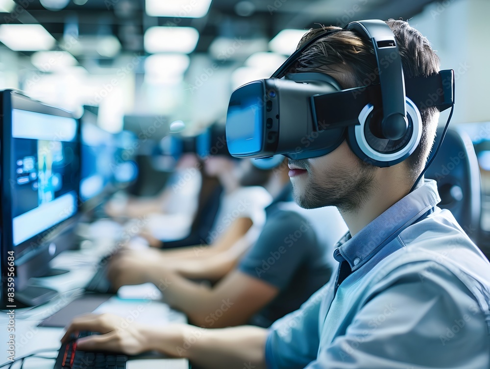 Poster virtual reality developers testing new business communication tools in vr lab