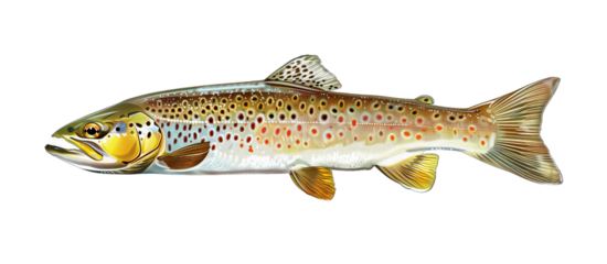 A detailed illustration of a freshwater brown trout with realistic colors and markings, isolated on a white background.