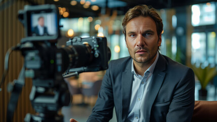 Fototapeta premium Confident lawyer in formal attire, speaking on camera in a modern family business setting.generative ai