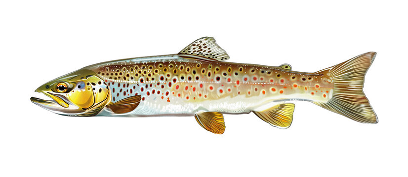 A detailed illustration of a freshwater brown trout with realistic colors and markings, isolated on a white background.