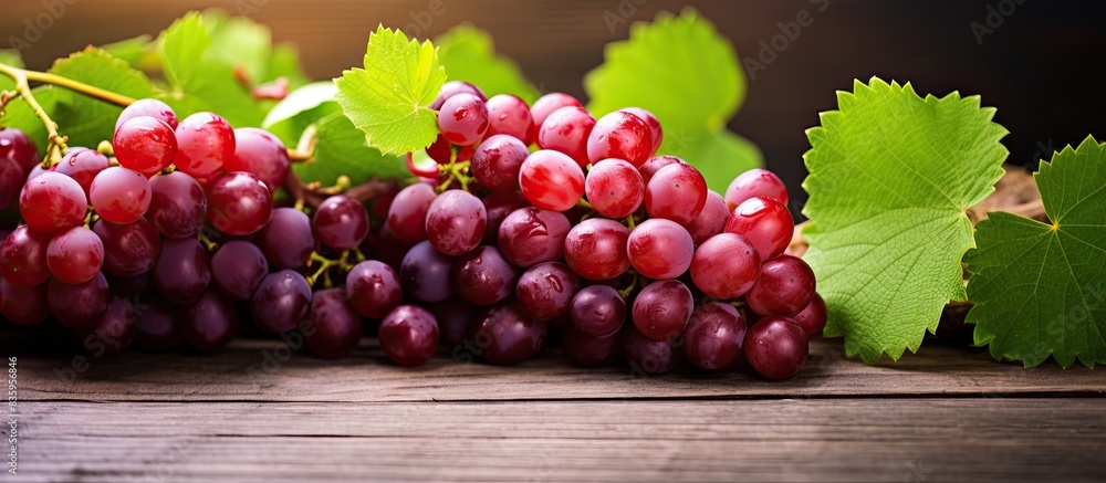 Poster red grapes with green leaves on the vine. creative banner. copyspace image