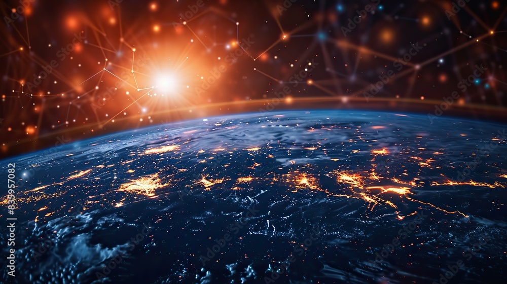 Poster earth with space connection lines around earth globe futuristic technology theme background with cir
