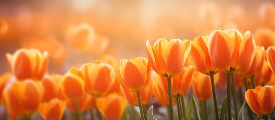 Blooming orange tulips flowers field. Creative banner. Copyspace image