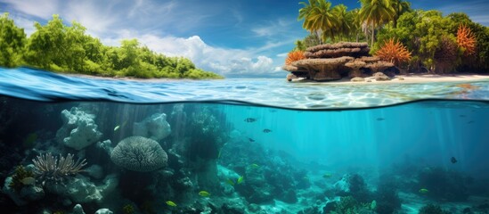 Obraz premium Tropical Island And Coral Reef Split View With Waterline. Creative banner. Copyspace image
