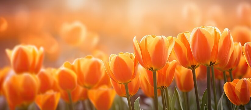 Blooming orange tulips flowers field. Creative banner. Copyspace image