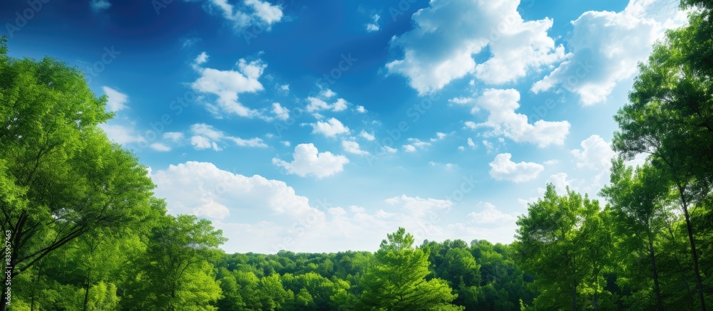 Poster View of the sky to the tops of the trees in the forest. Creative banner. Copyspace image