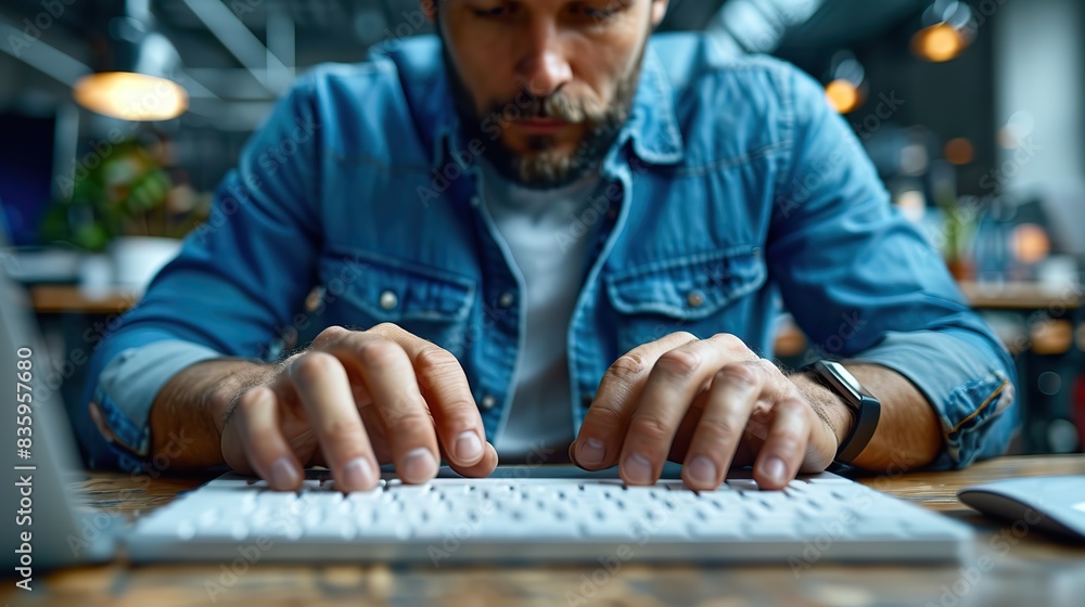 Poster closeup of man s hands typing on a keyboard of computer in corporate creative and business office ma