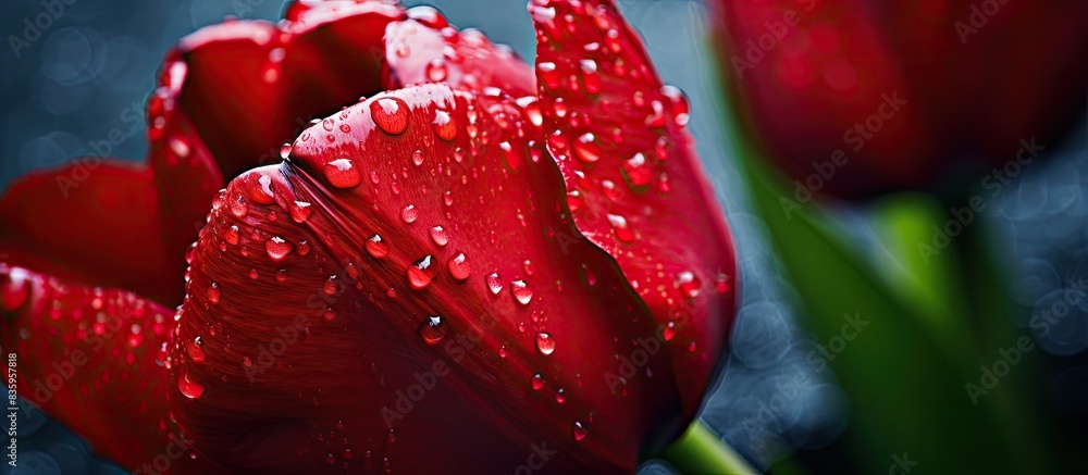 Poster closeup of red tulip petal with droplets of water. creative banner. copyspace image