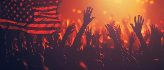 Crowd of people waving an american flag in unison