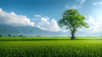A vast green rice field under the blue sky, with white clouds and mountains in the distance. This scene creates an atmosphere filled with tranquility and natural beauty.