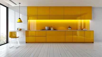 Modern yellow kitchen with minimalist design. Stylish interior featuring bright colors. Contemporary home decor. Sunny ambiance for cooking and dining. AI
